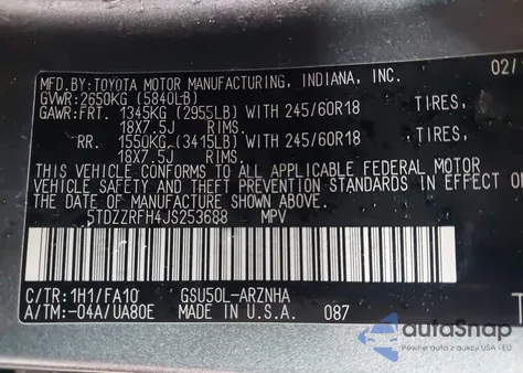 2018 Toyota Highlander Le Plus from USA, damaged, VIN 5TDZZRFH4JS253688